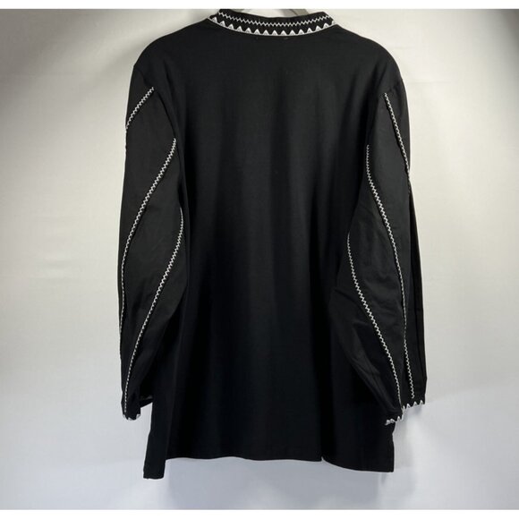 Chicos Top Blouse XL Solid Black White Embroidered Balloon Sleeve Bohemian - Picture 2 of 8